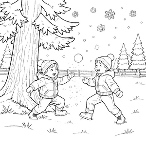 Fröhliche Kinder im verschneiten Wald Ausmalvorlage für kleine Winterfreunde