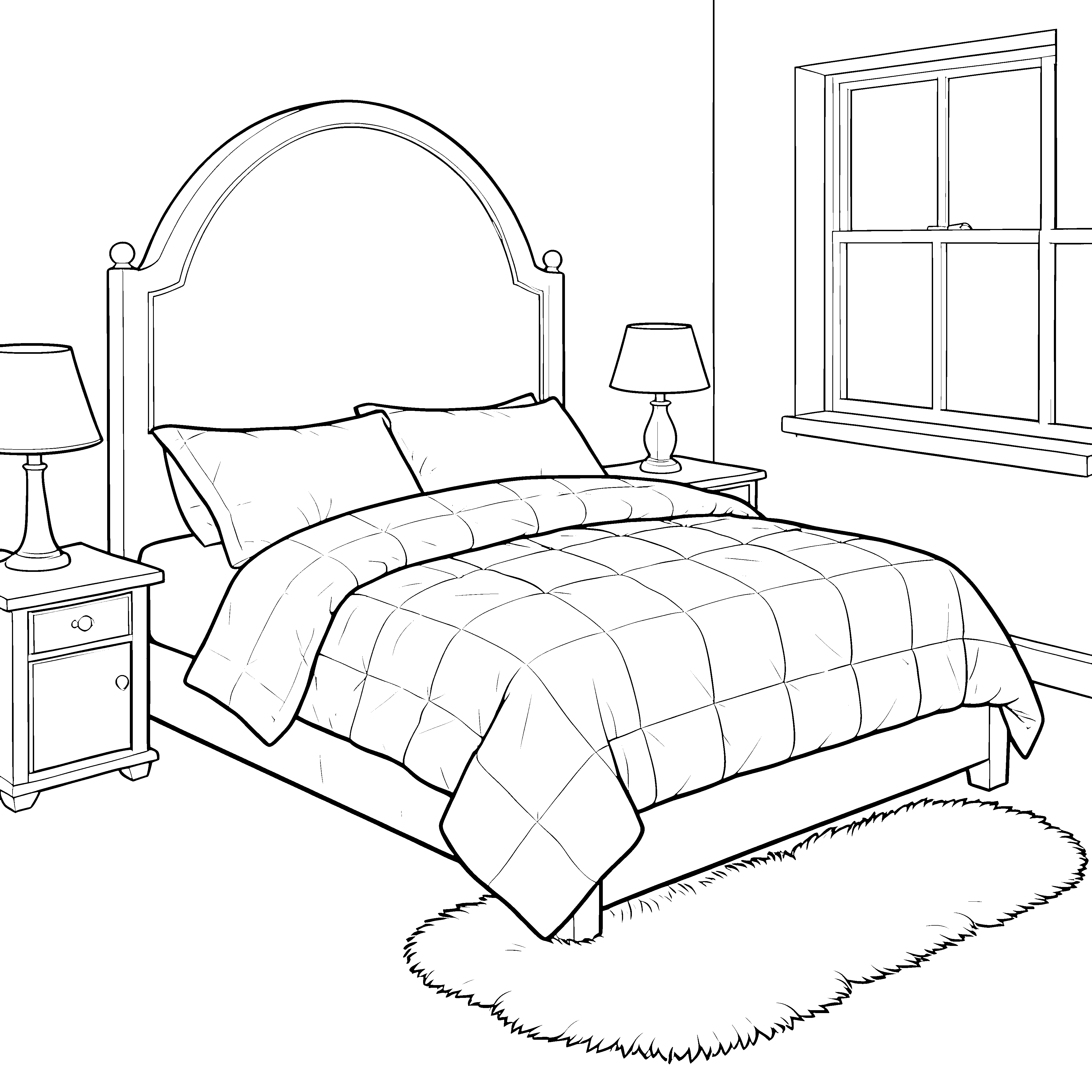 Elegantes Doppelbett mit bogenförmigem Kopfteil Ausmalbild für kleine Schlafzimmerträumer