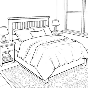 Gemütliches Doppelbett mit Teppich Bastelmotiv für kleine Wohnträume
