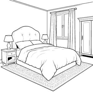 Behagliches Doppelbett mit Teppich Ausmalbild für mutige Zimmerträume