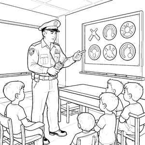 Erklärender Polizist an der Tafel Malbild für Schulkinder
