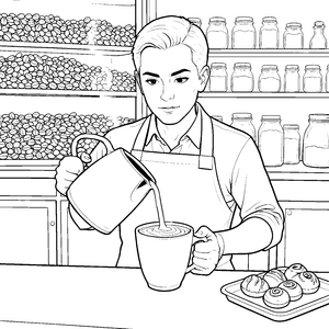 Konzentrierter Barista mit Kaffeekännchen Malbild für fröhliche Kaffeeliebhaber