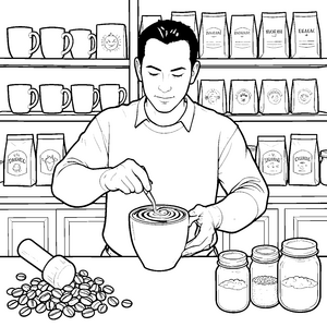 Geschickter Barista mit Kaffeebohnen Malbild für verträumte Kaffeekünstler