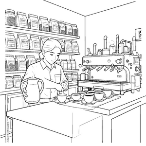 Begeisterter Barista an der Espressomaschine Ausmalbild für neugierige Kaffeefreunde