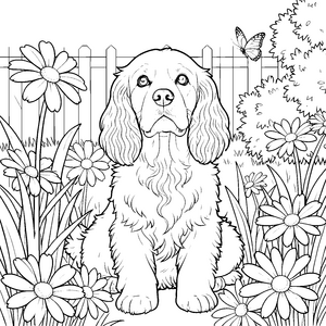 Verspielter Cocker Spaniel zwischen Blumen Ausmalvorlage für fröhliche Blumenkinder