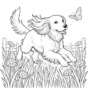 Frecher Cocker Spaniel mit Schmetterling Malbild für neugierige Wiesenfreunde