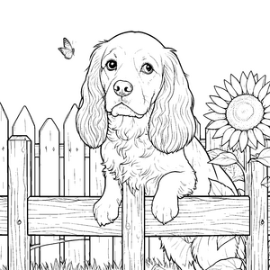 Neugieriger Cocker Spaniel bei Sonnenblume Ausmalvorlage für kreative Naturfreunde