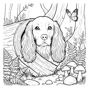 Wachsamer Cocker Spaniel im Baumstamm Bastelmotiv für kleine Waldpädagogen