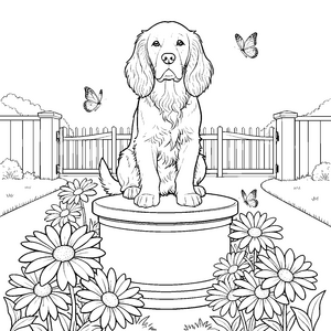Stolzer Cocker Spaniel auf Blumenpodest Malvorlage für kleine Gartenhelden