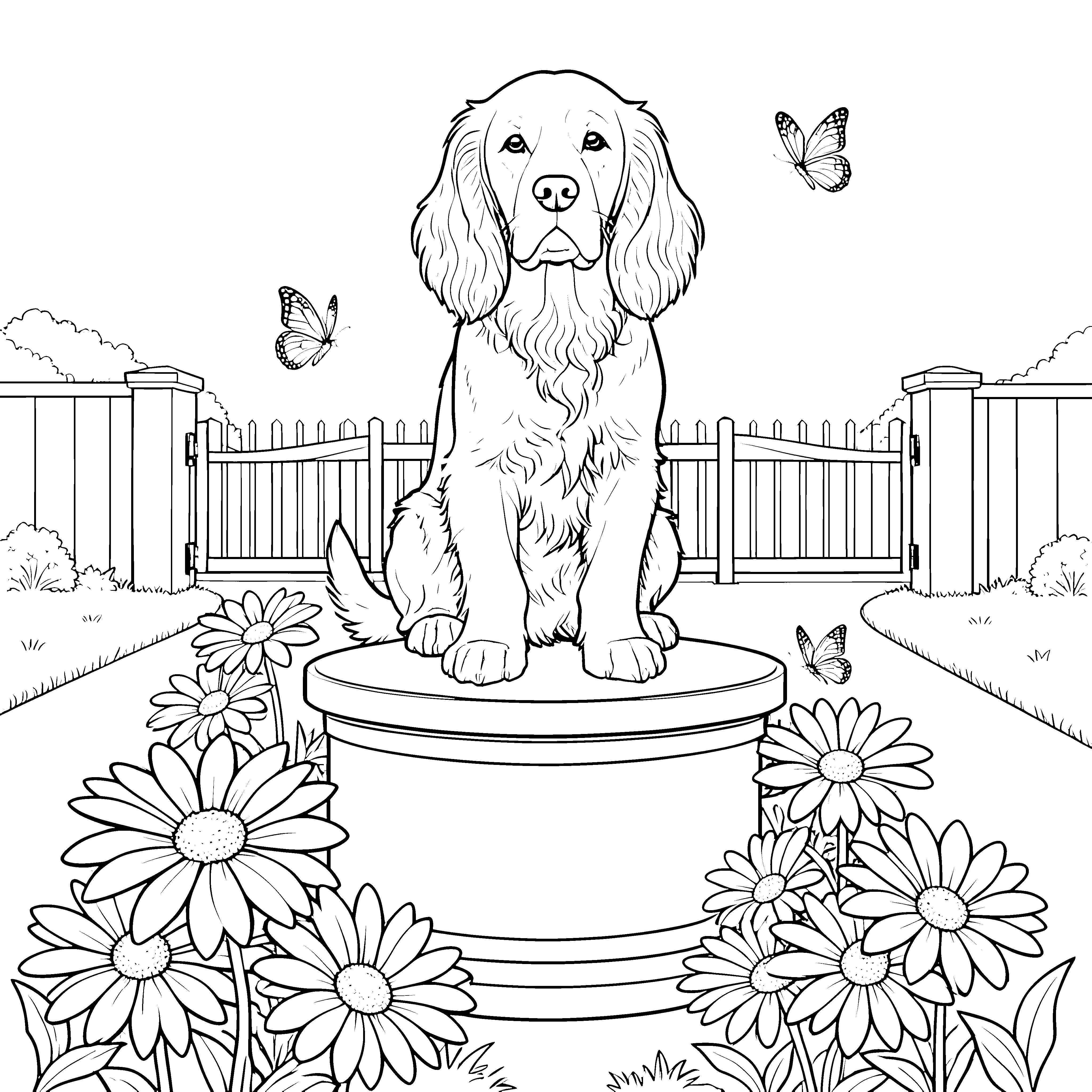 Stolzer Cocker Spaniel auf Blumenpodest Malvorlage für kleine Gartenhelden