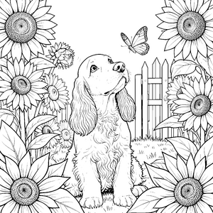 Aufmerksamer Cocker Spaniel bei Sonnenblumen Ausmalbild für malfreudige Blumenkinder
