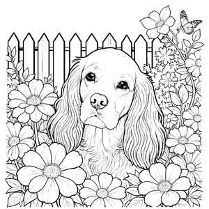 Sanfter Cocker Spaniel im Blumenmeer Malbild für kreative Naturkinder
