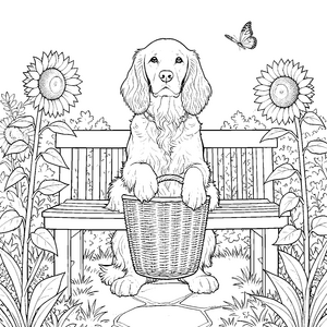 Ruhiger Cocker Spaniel mit Korb Ausmalbild für kleine Gartenfreunde