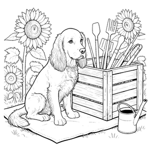 Neugieriger Cocker Spaniel bei Werkzeugkiste Bastelmotiv für Gartenhelfer