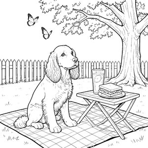 Entspannter Cocker Spaniel beim Picknick Ausmalbild für Picknickfreunde