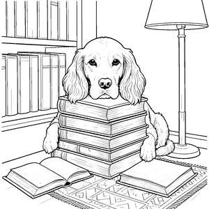 Kluger Cocker Spaniel mit Bücherstapel Malvorlage für verträumte Buchwürmer