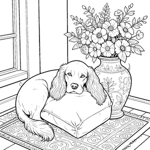 Ruhender Cocker Spaniel auf Kissen Malbild für fröhliche Blumenbegeisterte
