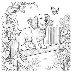 Abenteuerlicher Cocker Spaniel am Zaun Ausmalbild für verträumte Gartenfreunde