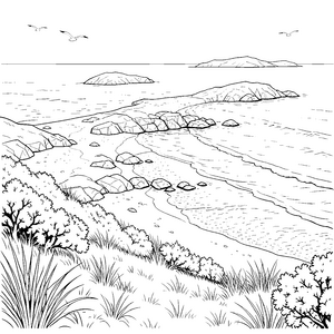 Idyllische Küstenlandschaft mit Felsen Bastelvorlage für Strandliebhaber
