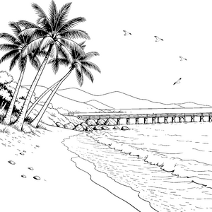 Tropische Küstenlandschaft mit Palmen Ausmalvorlage für verträumte Strandbesucher
