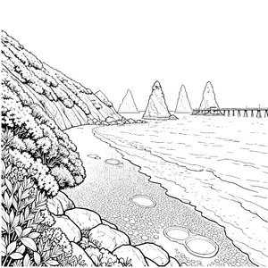 Wunderschöne Küstenlandschaft mit Holzbrücke Bastelvorlage für malfreudige Strandforscher