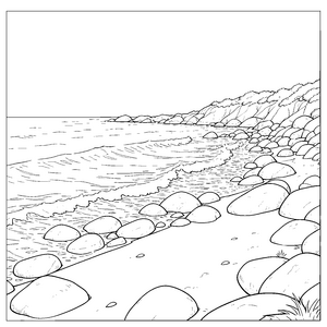Sanfte Felsenküste mit Sandstrand Ausmalbild für kreative Meeresforscher