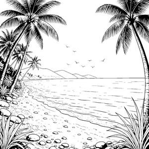 Tropische Küstenlandschaft mit Palmen Malvorlage für fröhliche Strandbesucher