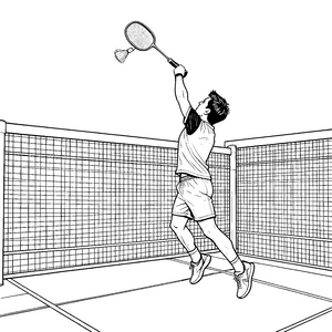 Dynamischer Badmintonspieler am Netz Bastelvorlage für fröhliche Sportfans