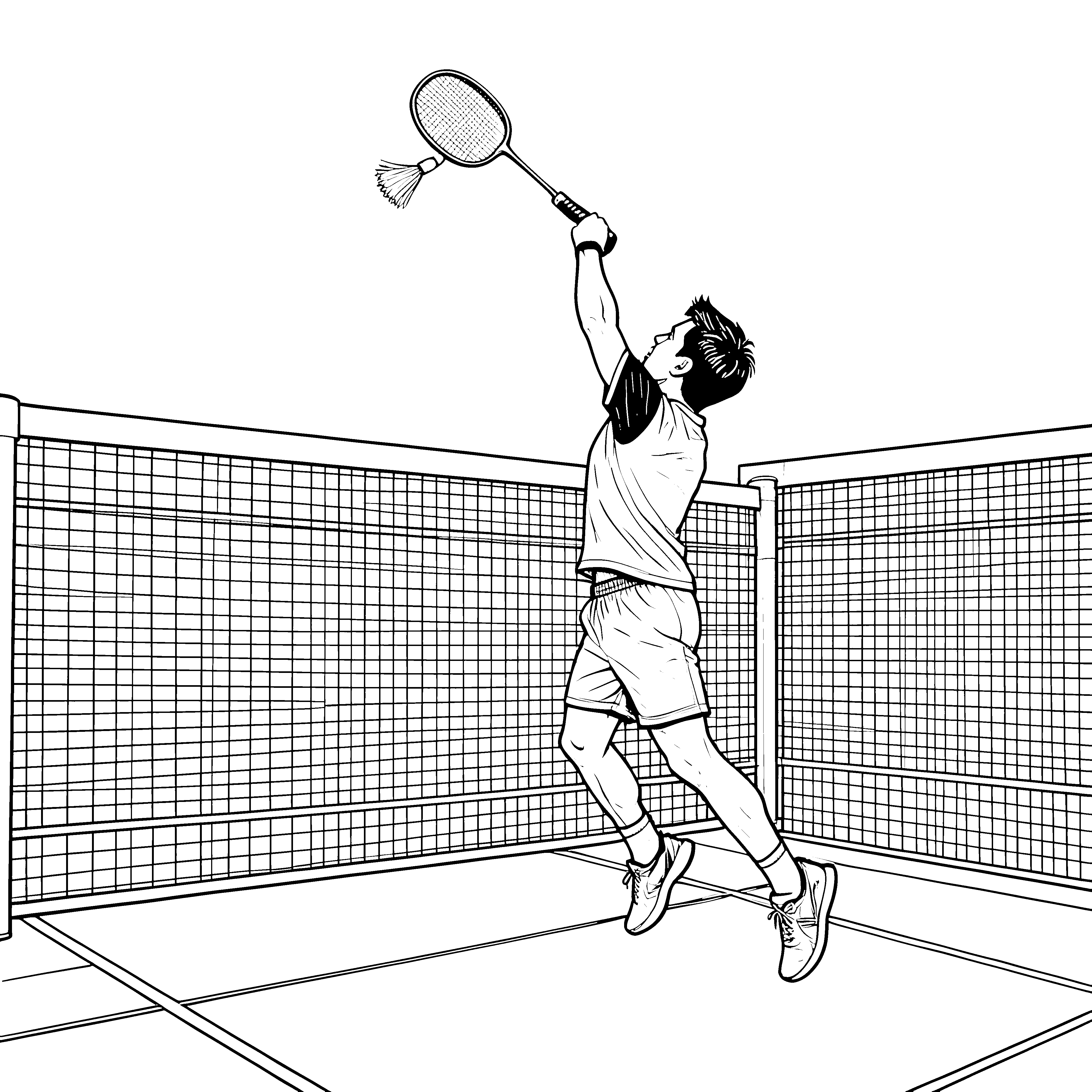 Dynamischer Badmintonspieler am Netz Bastelvorlage für fröhliche Sportfans