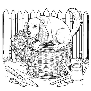 Ruhiger Cocker Spaniel im Blumenkorb Malbild für fröhliche Gartenhelfer