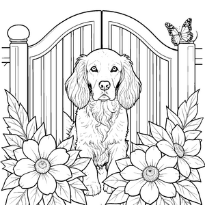 Prächtiger Cocker Spaniel am Gartentor Ausmalbild für mutige Blütenfreunde