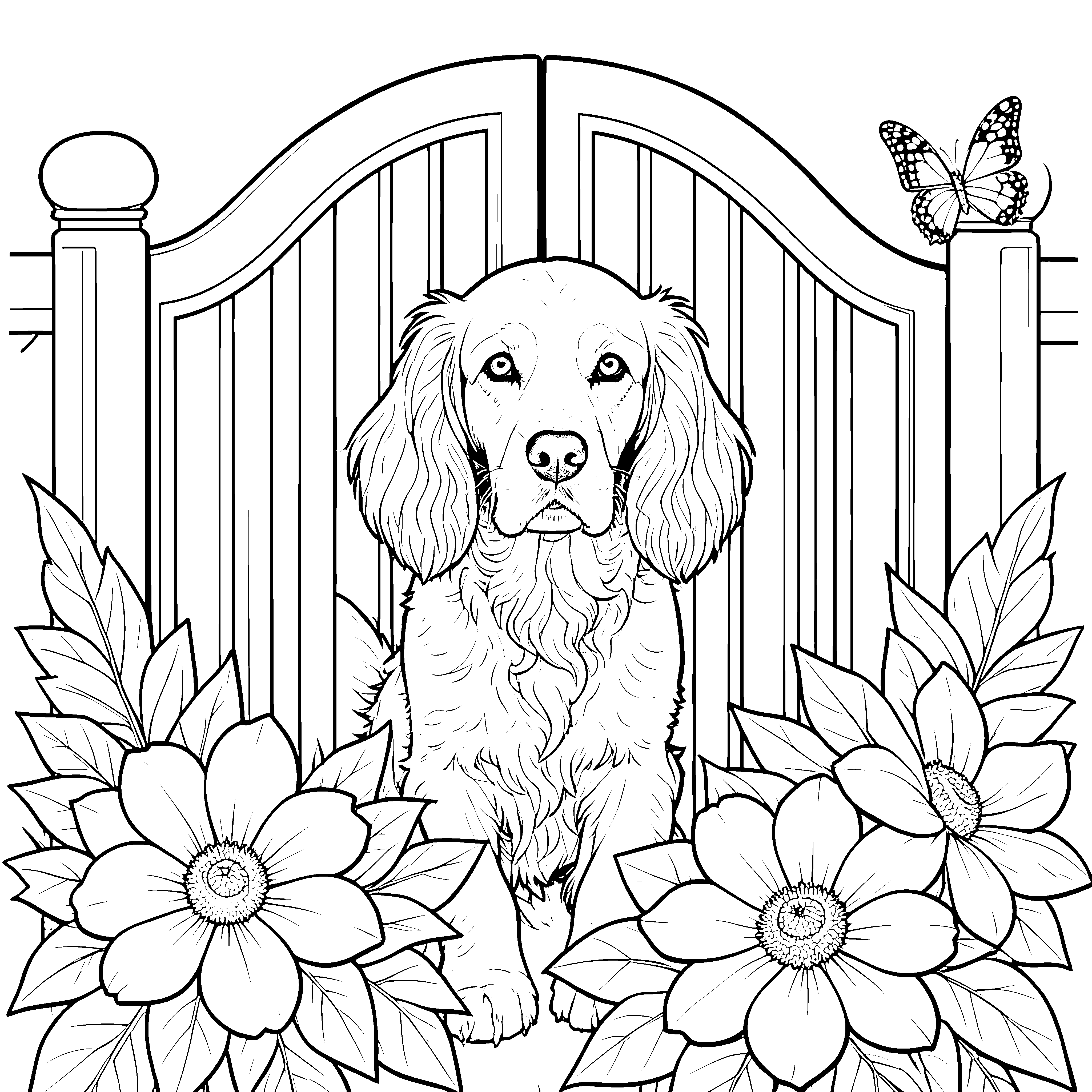Prächtiger Cocker Spaniel am Gartentor Ausmalbild für mutige Blütenfreunde