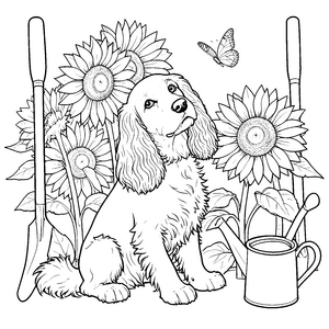 Idyllischer Cocker Spaniel bei Sonnenblumen Malbild für fröhliche Naturkinder