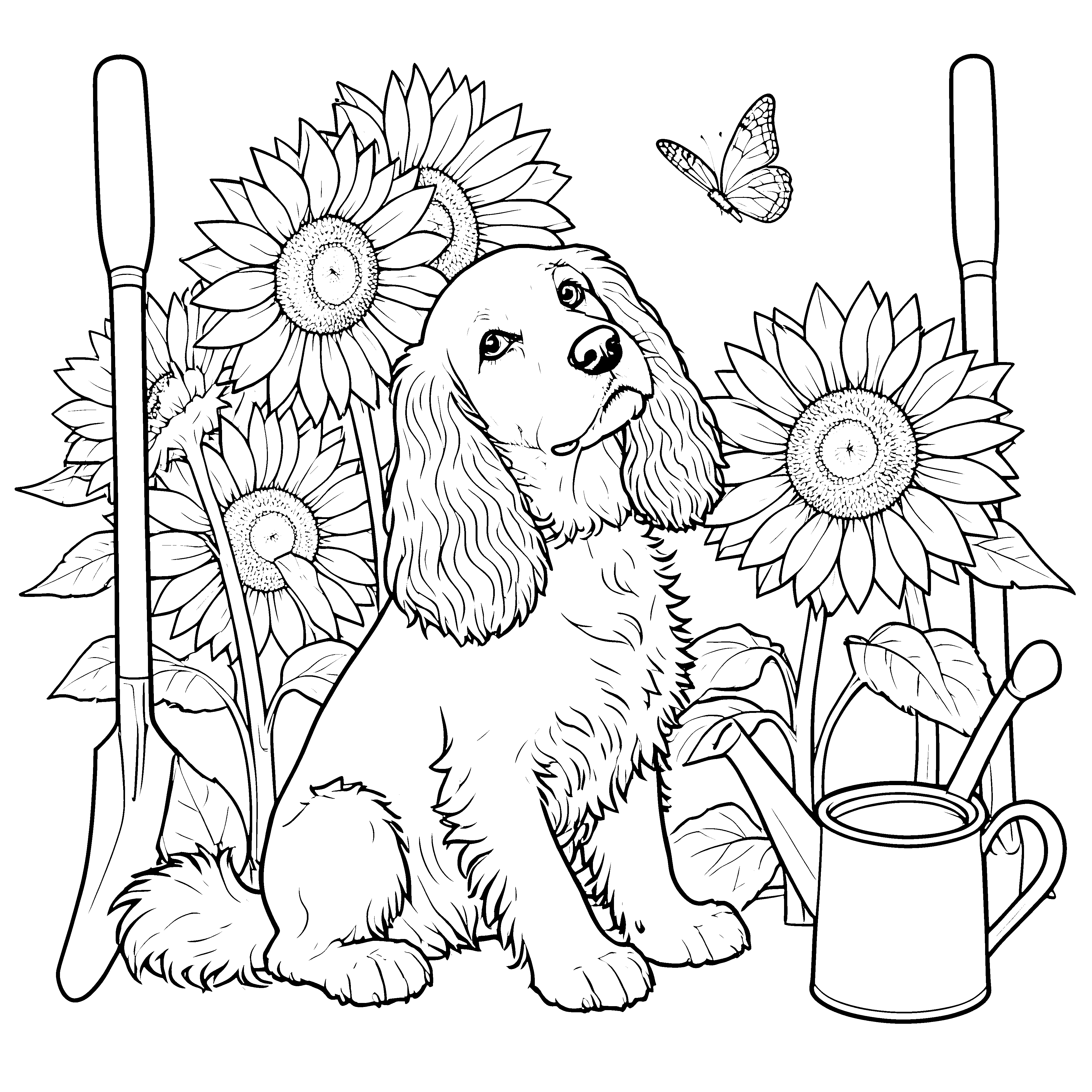 Idyllischer Cocker Spaniel bei Sonnenblumen Malbild für fröhliche Naturkinder