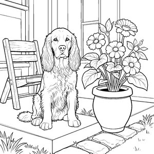 Gelassener Cocker Spaniel mit Blumentopf Malvorlage für verträumte Pflanzenfreunde