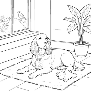 Entspannter Cocker Spaniel mit Stofftier Malvorlage für junge Haustierfreunde