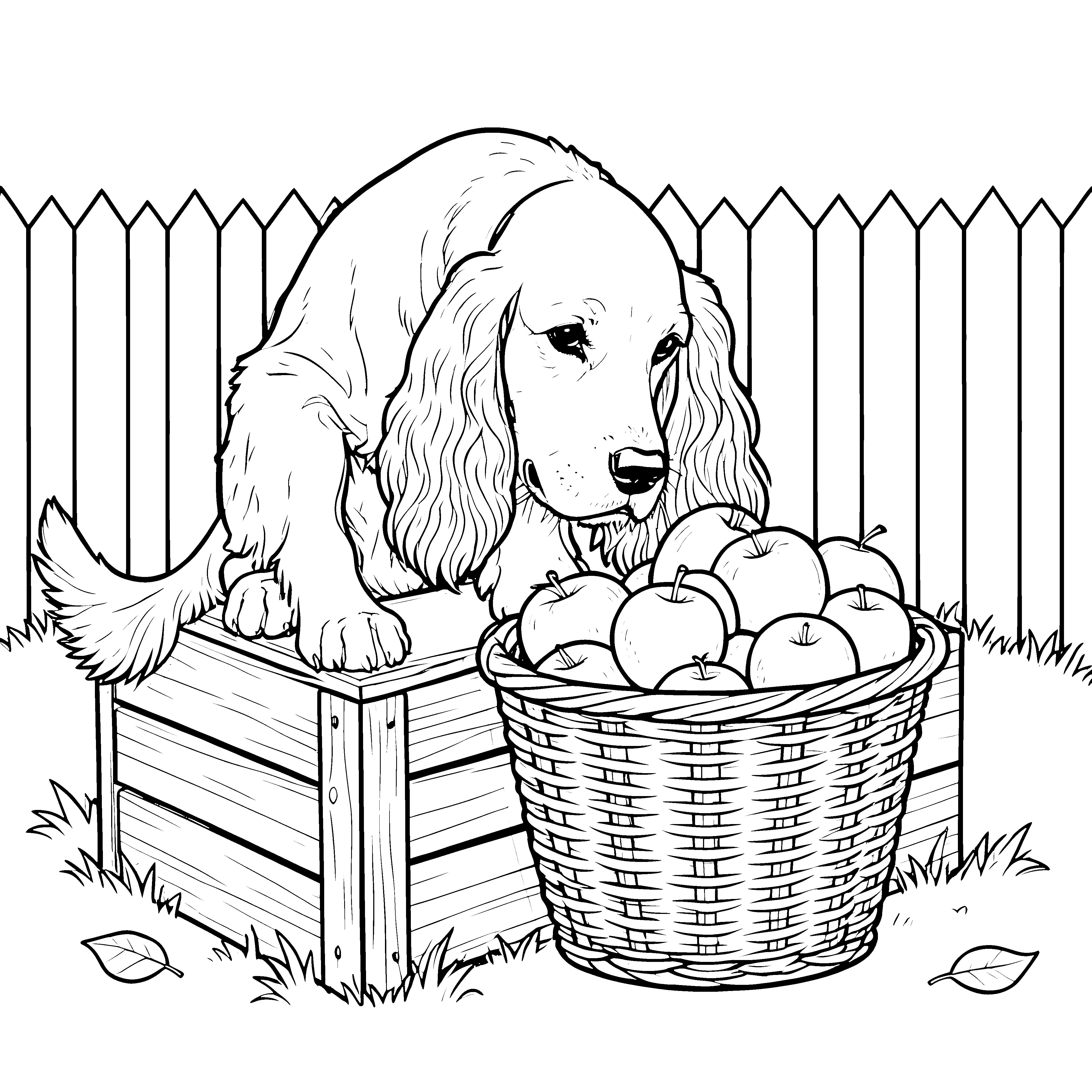 Aufmerksamer Cocker Spaniel am Apfelkorb Bastelmotiv für kreative Obstliebhaber