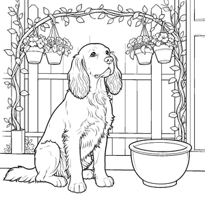 Wachsame Cocker Spaniels im Blumenbogen Bastelmotiv für junge Pflanzenfreunde