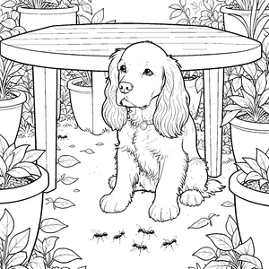 Aufmerksamer Cocker Spaniel bei Pflanzentöpfen Malvorlage für fröhliche Terrassenfreunde
