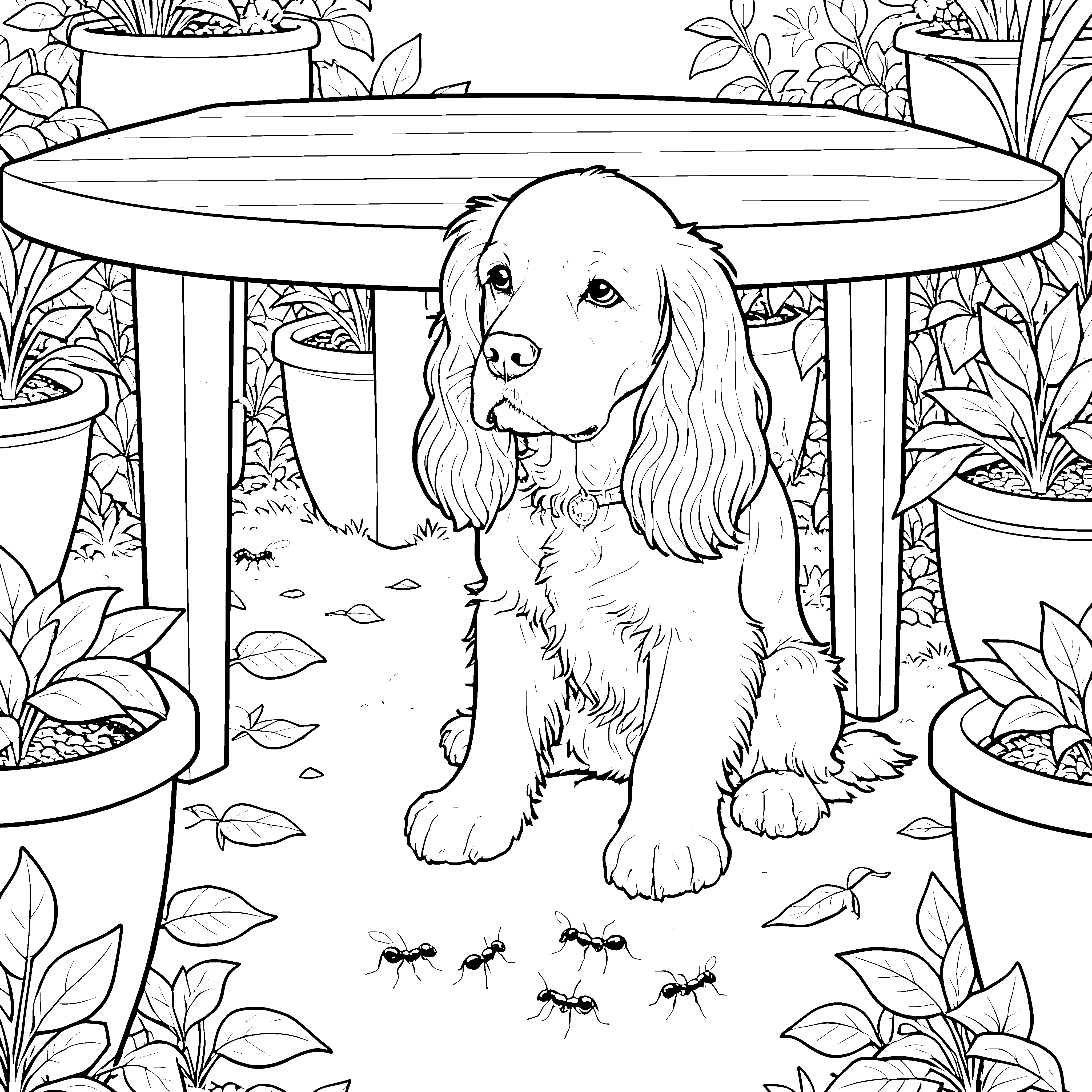 Aufmerksamer Cocker Spaniel bei Pflanzentöpfen Malvorlage für fröhliche Terrassenfreunde