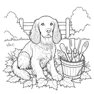 Ruhiger Cocker Spaniel mit Gartenwerkzeug Bastelvorlage für kreative Gartenhelfer