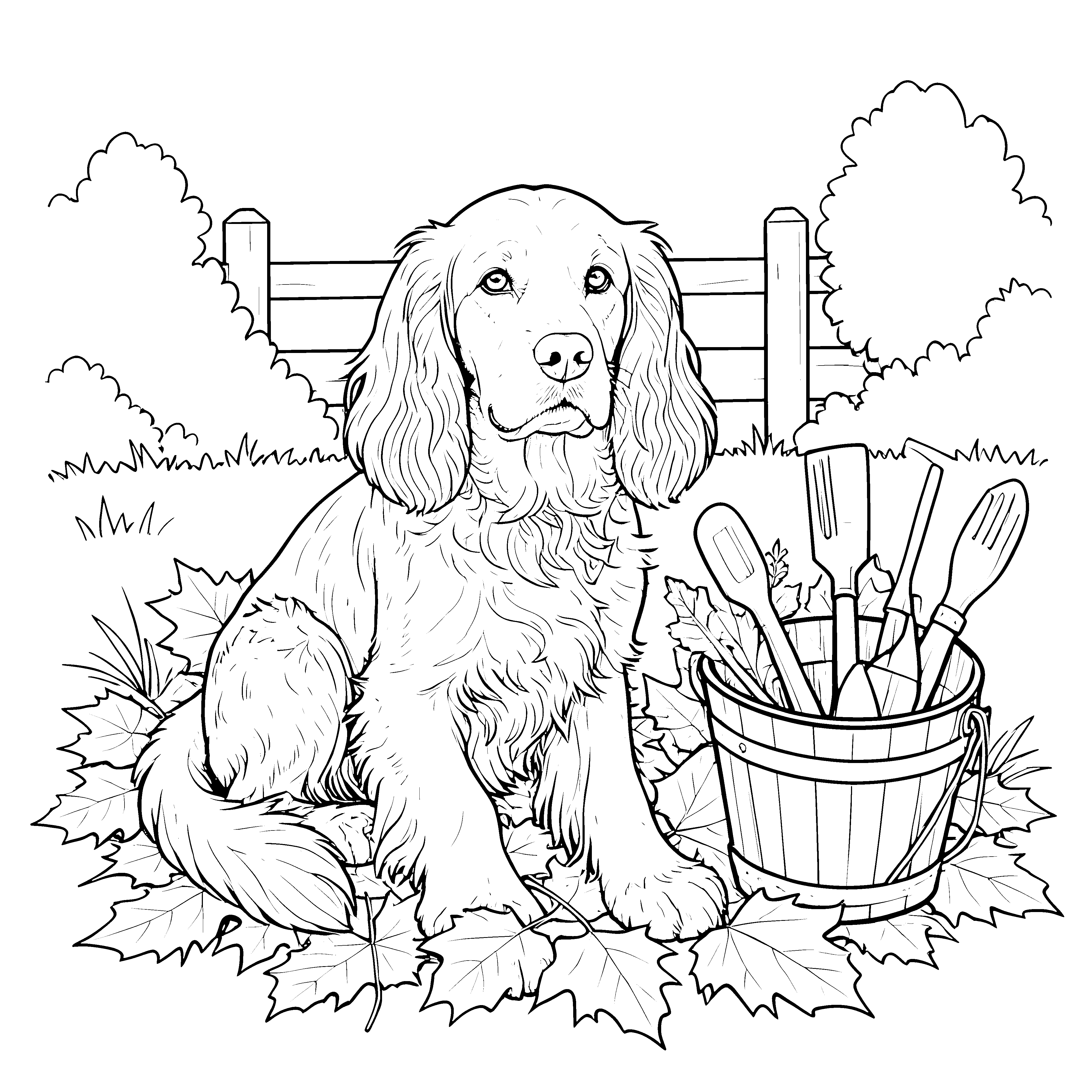 Ruhiger Cocker Spaniel mit Gartenwerkzeug Bastelvorlage für kreative Gartenhelfer