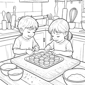 Fröhliche Kinder beim Cupcake-Backen Ausmalvorlage für kreative Backbegeisterte