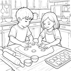 Verspielte Kinder mit Plätzchenteig Ausmalvorlage für verträumte Küchenhelfer