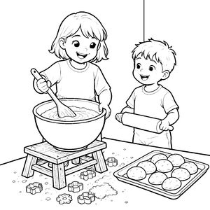 Begeisterte Kinder mit Teigrolle Ausmalbild für kleine Backfreunde