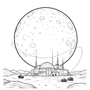 Futuristische Marsstation mit Rovern Malvorlage für kleine Weltraumreisende