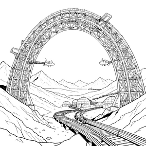 Futuristische Marsbasis mit Eisenbahn Malvorlage für mutige Bahnreisen