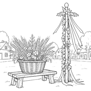 Idyllischer Pfingstkorb mit Maibaum Malbild für verträumte Landkinder