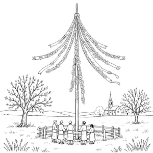 Festlicher Pfingstbaum mit Trachten Ausmalvorlage für mutige Landbewohner