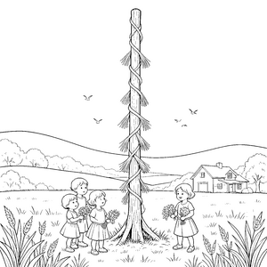 Fröhliche Kinder am geschmückten Pfingstbaum Bastelmotiv für junge Naturkinder